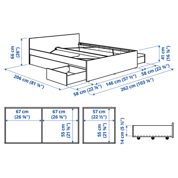 VIHALS bed frame with 4 storage boxes, white/Luröy, 140x200 cm
