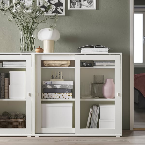 VIHALS cabinet with sliding glass doors, white, 95x37x90 cm