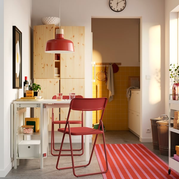 VIHALS / VIHALS table and 2 folding chairs, gateleg table white/red, 39/95/151x90 cm