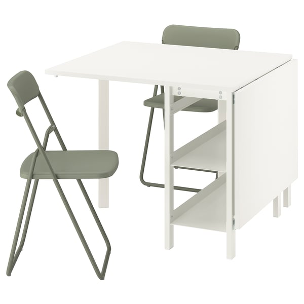 VIHALS / VIHALS table and 2 folding chairs, gateleg table white/green, 39/95/151x90 cm