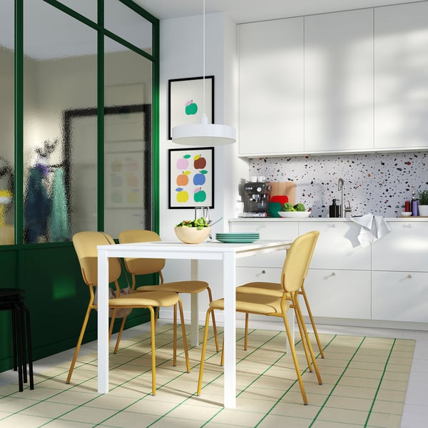 VIHALS / VIHALS table and 4 chairs, white white/yellow Tibbleby yellow, 125x74 cm