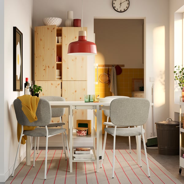 VIHALS / VIHALS table and 4 chairs, gateleg table white/white Tibbleby beige-grey, 39/95/151x90 cm