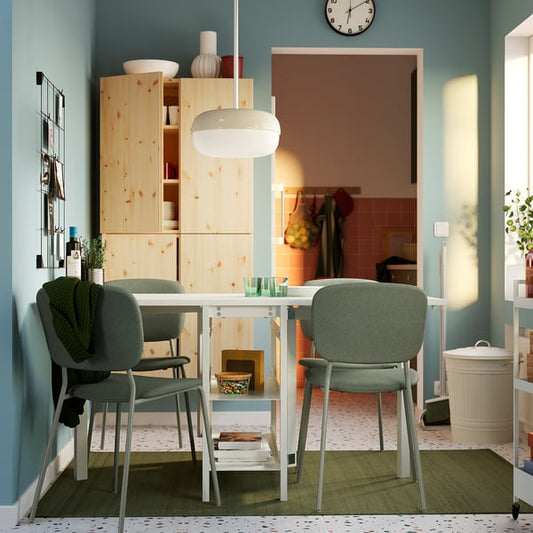 VIHALS / VIHALS table and 4 chairs, gateleg table white/green Tibbleby grey-green, 39/95/151x90 cm