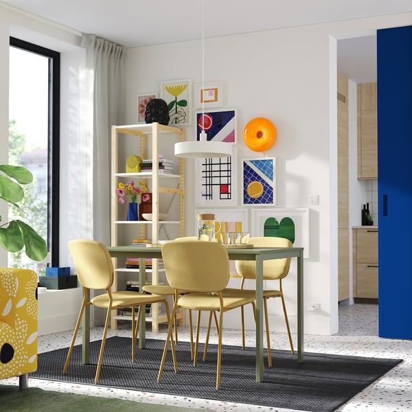 VIHALS / VIHALS table and 4 chairs, green green/yellow Tibbleby yellow, 125x74 cm