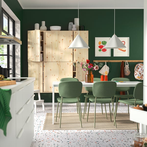 VIHALS / VIHALS table and 6 chairs, white white/green Tibbleby grey-green, 180x74 cm