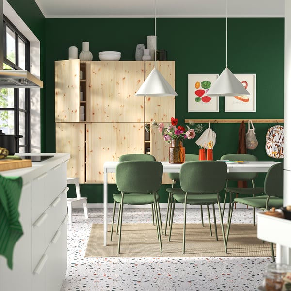 VIHALS / VIHALS table and 6 chairs, white/green Tibbleby grey-green, 120/180x74 cm