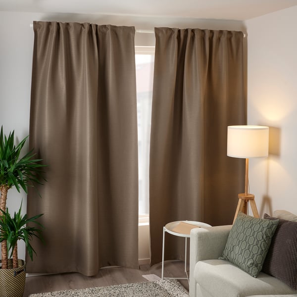 VILBORG room darkening curtains, 1 pair, dark grey-beige/with heading tape, 145x300 cm