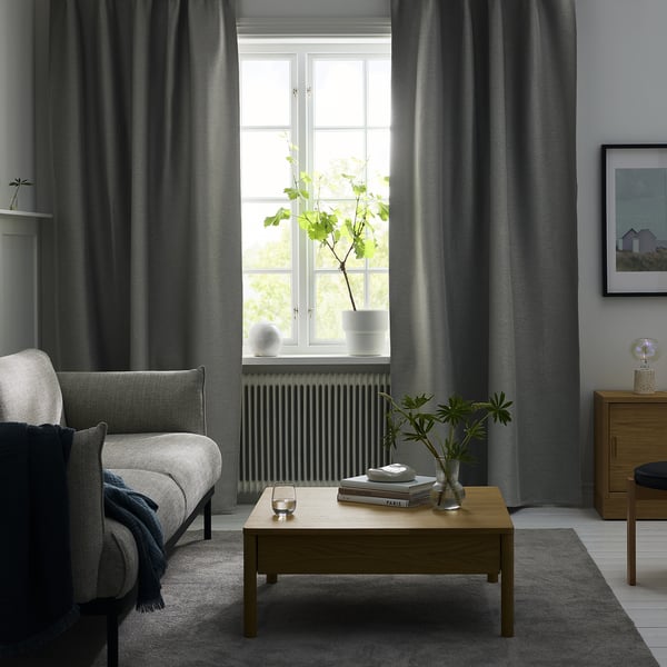 VILBORG room darkening curtains, 1 pair, grey/with heading tape, 145x300 cm