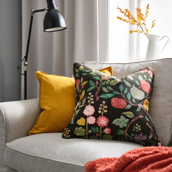 VILDPERSILJA cushion cover, black-green multicolour/floral pattern, 50x50 cm