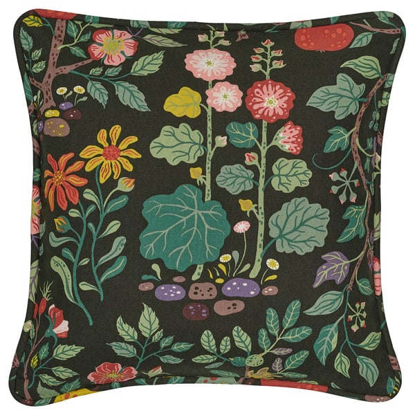 VILDPERSILJA cushion cover, black-green multicolour/floral pattern, 50x50 cm