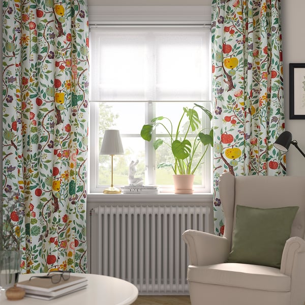 VILDPERSILJA curtains, 1 pair, white multicolour/floral pattern with heading tape, 145x300 cm