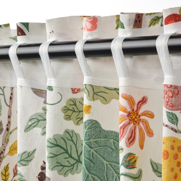 VILDPERSILJA curtains, 1 pair, white multicolour/floral pattern with heading tape, 145x300 cm