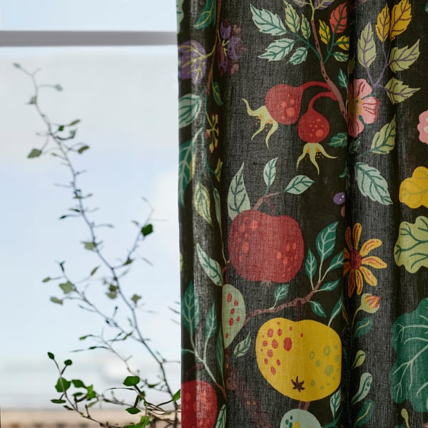VILDPERSILJA curtains, 1 pair, black-green multicolour/floral pattern with heading tape, 145x300 cm
