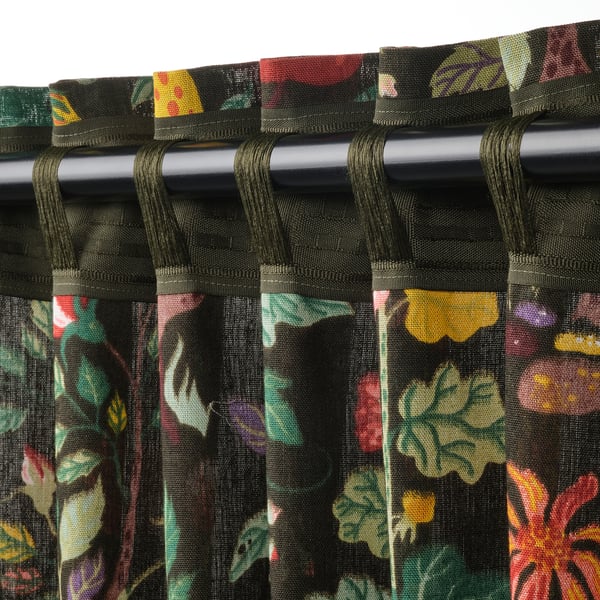 VILDPERSILJA curtains, 1 pair, black-green multicolour/floral pattern with heading tape, 145x300 cm