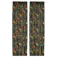 VILDPERSILJA curtains, 1 pair, black-green multicolour/floral pattern with heading tape, 145x300 cm