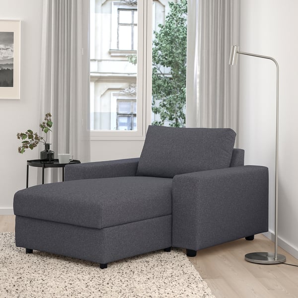 VIMLE chaise longue, with wide armrests/Gunnared medium grey, 125 cm