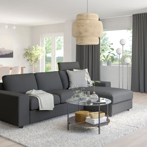 VIMLE 3-seat sofa with chaise longue, with wide armrests with headrest/Hallarp grey, 266 cm