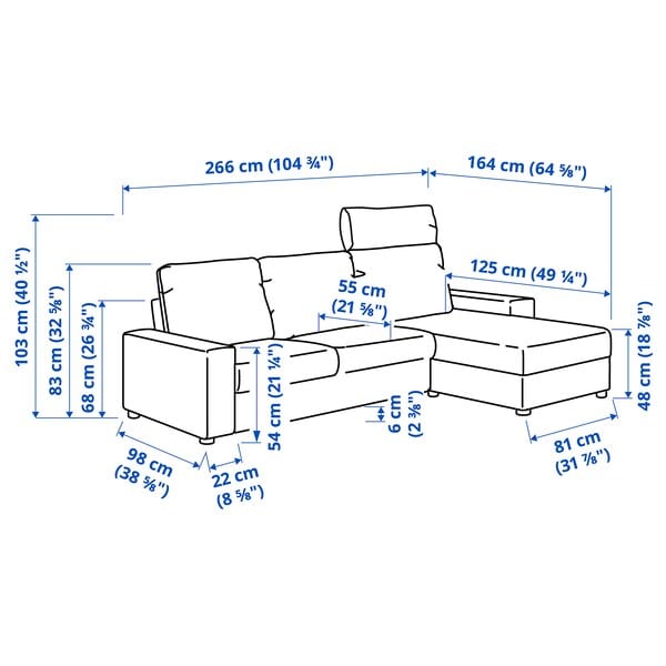 Ikea VIMLE - 3-seater sofa with chaise-longue, wide armrests with headrest/Hillared beige ,
