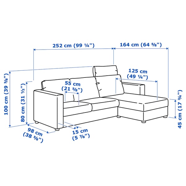 VIMLE 3-seat sofa, with chaise longue with headrest/Grann/Bomstad black, 222x65x98 cm
