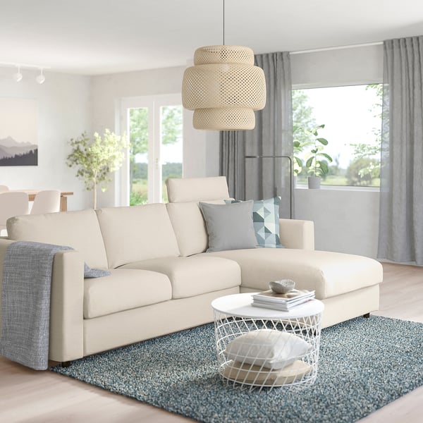 VIMLE 3-seat sofa with chaise longue, with headrest/Gunnared beige, 252 cm