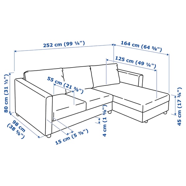 VIMLE 3-seat sofa, with chaise longue/Grann/Bomstad black, 252 cm