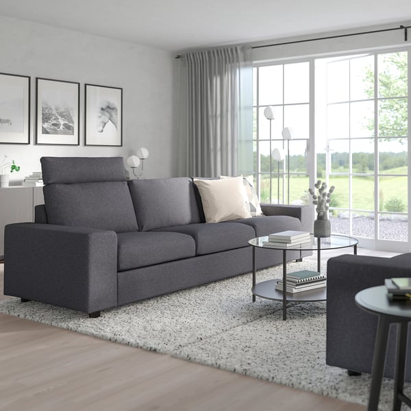 VIMLE 3-seat sofa, with headrest with wide armrests/Gunnared medium grey, 211x54x98 cm