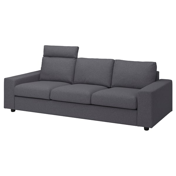 VIMLE 3-seat sofa, with headrest with wide armrests/Gunnared medium grey, 211x54x98 cm