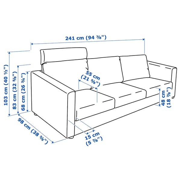 VIMLE 3-seat sofa, with headrest/Gunnared medium grey, 211x68x98 cm