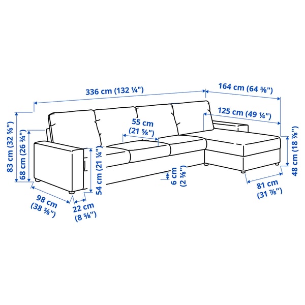 VIMLE 4-seat sofa with chaise longue, with wide armrests/Hallarp grey, 336 cm