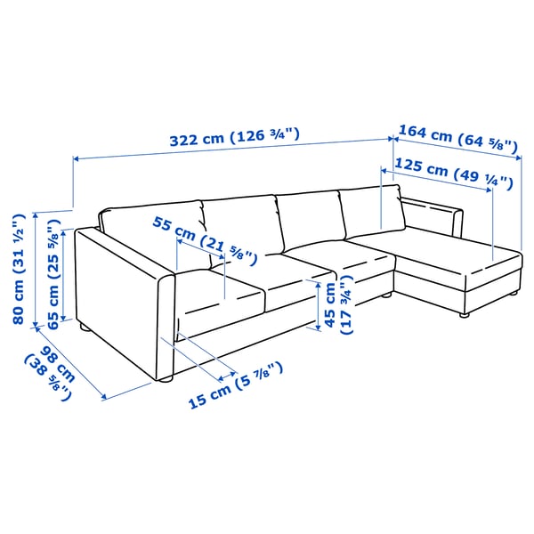 VIMLE 4-seat sofa, with chaise longue/Grann/Bomstad black, 322 cm