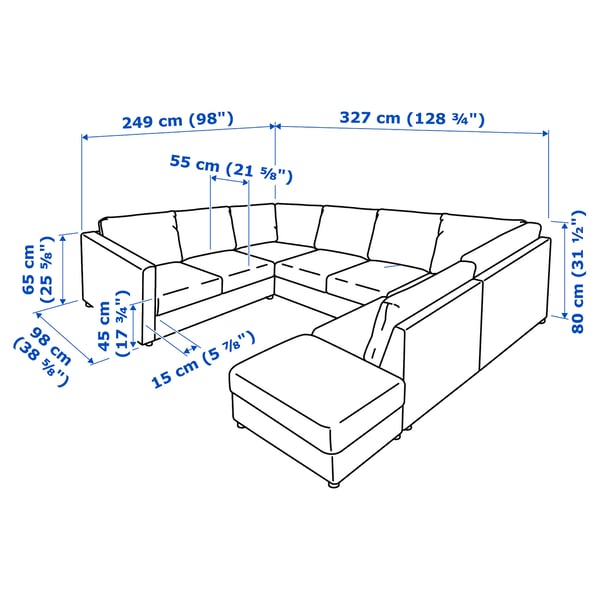 VIMLE u-shaped sofa, 6 seat, with open end/Grann/Bomstad black, 243x65x249 cm
