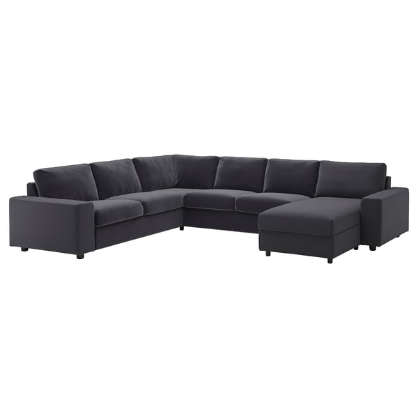 VIMLE corner sofa, 5-seat w chaise longue, with wide armrests/Djuparp dark grey, 15x68x98 cm