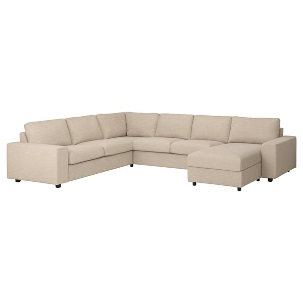 VIMLE corner sofa, 5-seat w chaise longue, with wide armrests/Hillared beige, 15x68x98 cm
