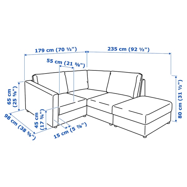 VIMLE corner sofa, 3-seat, with open end/Grann/Bomstad black, 15x65x98 cm