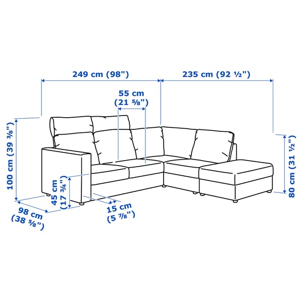 VIMLE corner sofa, 4-seat, with open end with headrests/Grann/Bomstad black, 15x65x98 cm