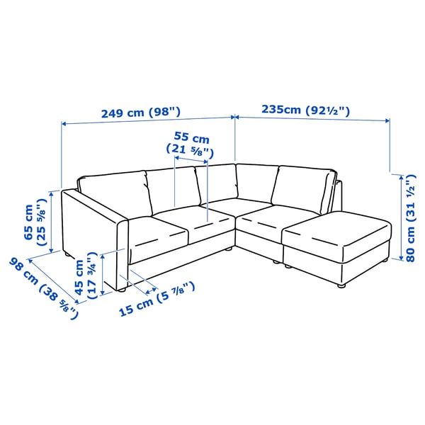 VIMLE corner sofa, 4-seat, with open end/Grann/Bomstad black, 15x65x98 cm