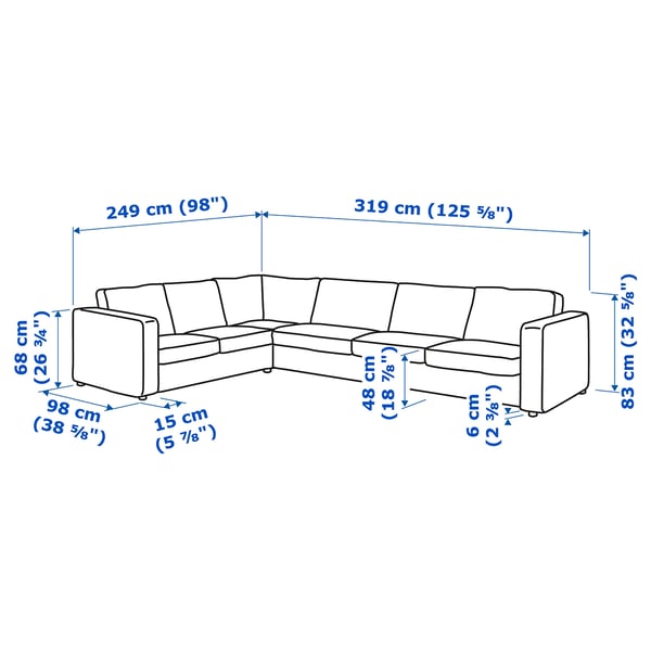 VIMLE corner sofa, 5-seat, with wide armrests/Hillared beige, 15x68x98 cm