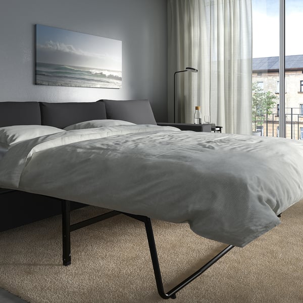 VIMLE 3-seat sofa-bed with chaise longue, with wide armrests/Hallarp grey, 285 cm