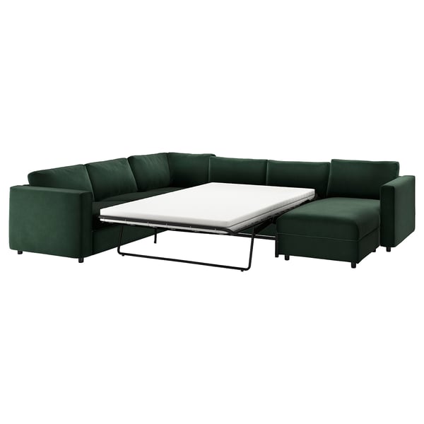 VIMLE corner sofa-bed, 5-seat, with chaise longue/Djuparp dark green, 200x140 cm