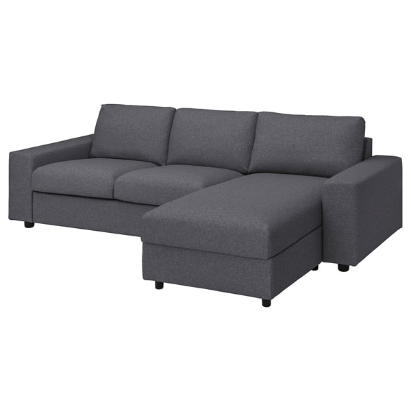 VIMLE cover 3-seat sofa w chaise longue, with wide armrests Gunnared/medium grey