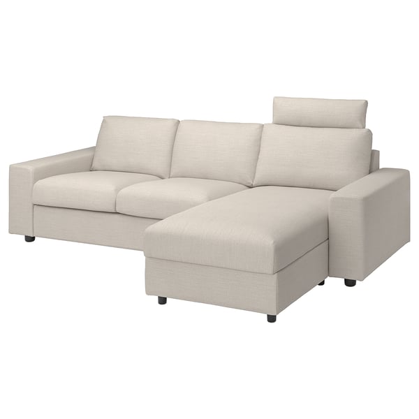 VIMLE cover 3-seat sofa w chaise longue, with headrest with wide armrests/Gunnared beige, 222x48x98 cm