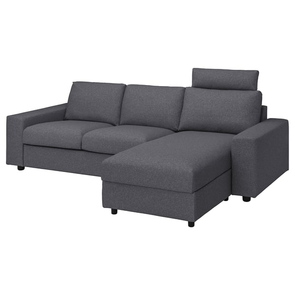 VIMLE cover 3-seat sofa w chaise longue, with headrest with wide armrests/Gunnared medium grey, 222x48x98 cm