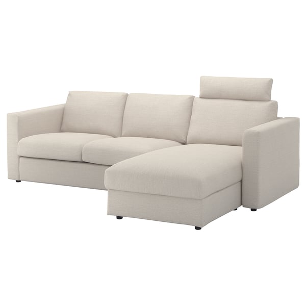 VIMLE cover 3-seat sofa w chaise longue, with headrest/Gunnared beige, 222x68x98 cm