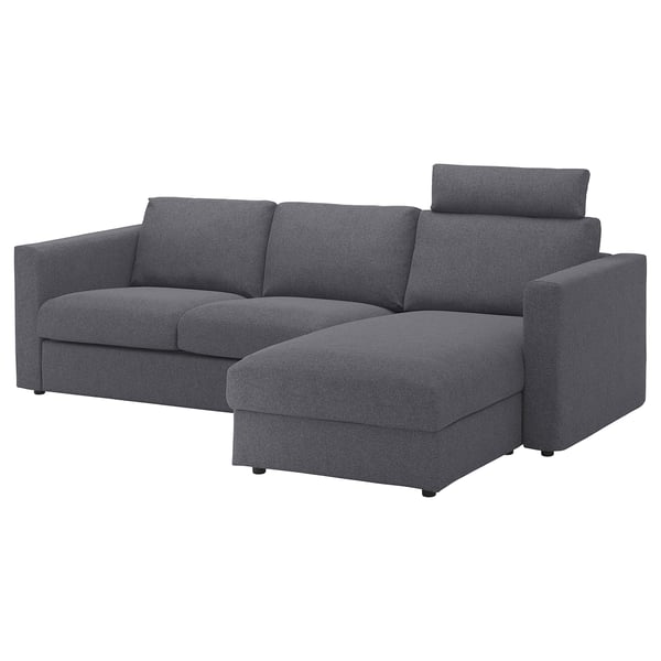 VIMLE cover 3-seat sofa w chaise longue, with headrest/Gunnared medium grey, 222x68x98 cm