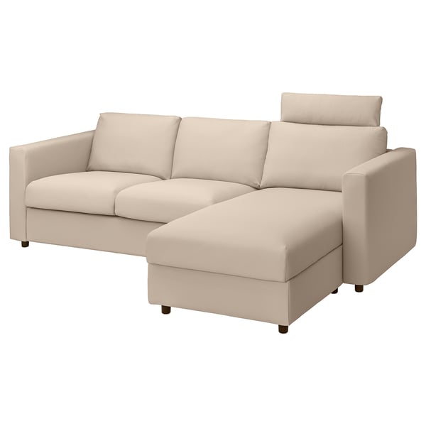 VIMLE cover 3-seat sofa w chaise longue, with headrest/Hallarp beige, 222x68x98 cm