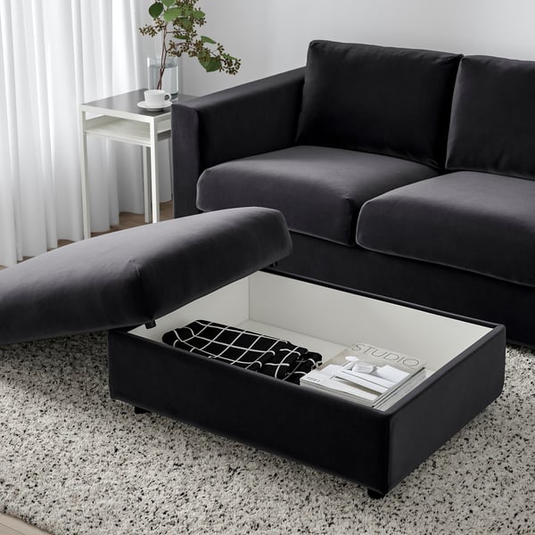 VIMLE footstool with storage, Djuparp dark grey, 98x73 cm
