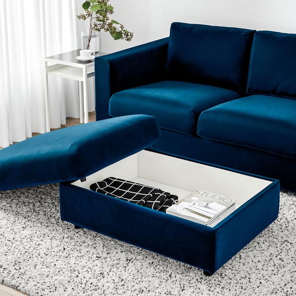 VIMLE footstool with storage, Djuparp dark green-blue, 98x73 cm