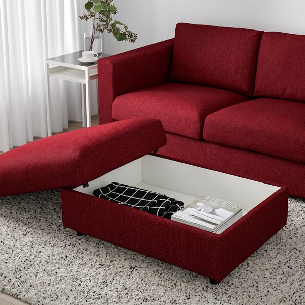 VIMLE footstool with storage, Lejde red/brown, 98x73 cm