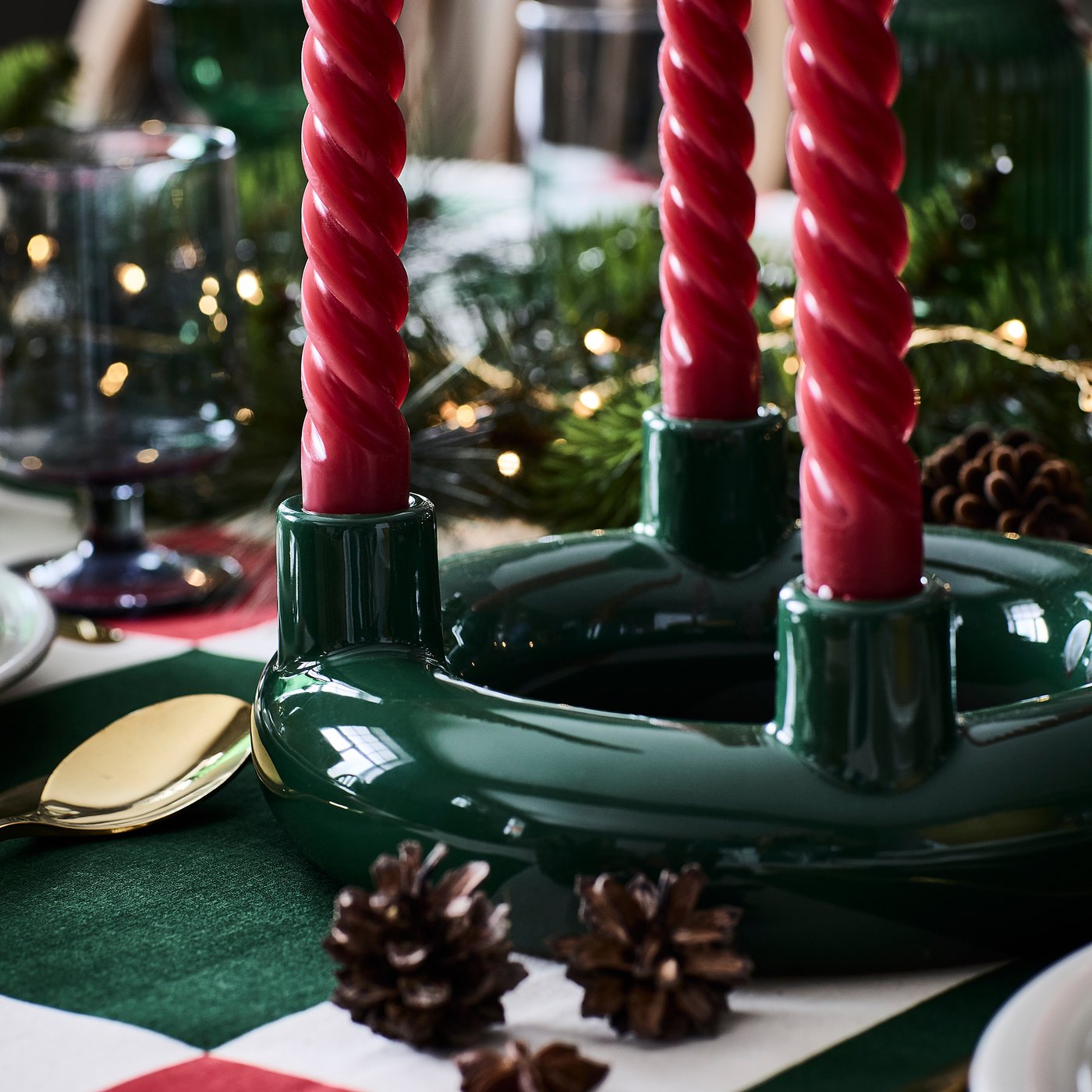 VINTERFINT candlestick, for 4 candles rounded/dark green, 22 cm