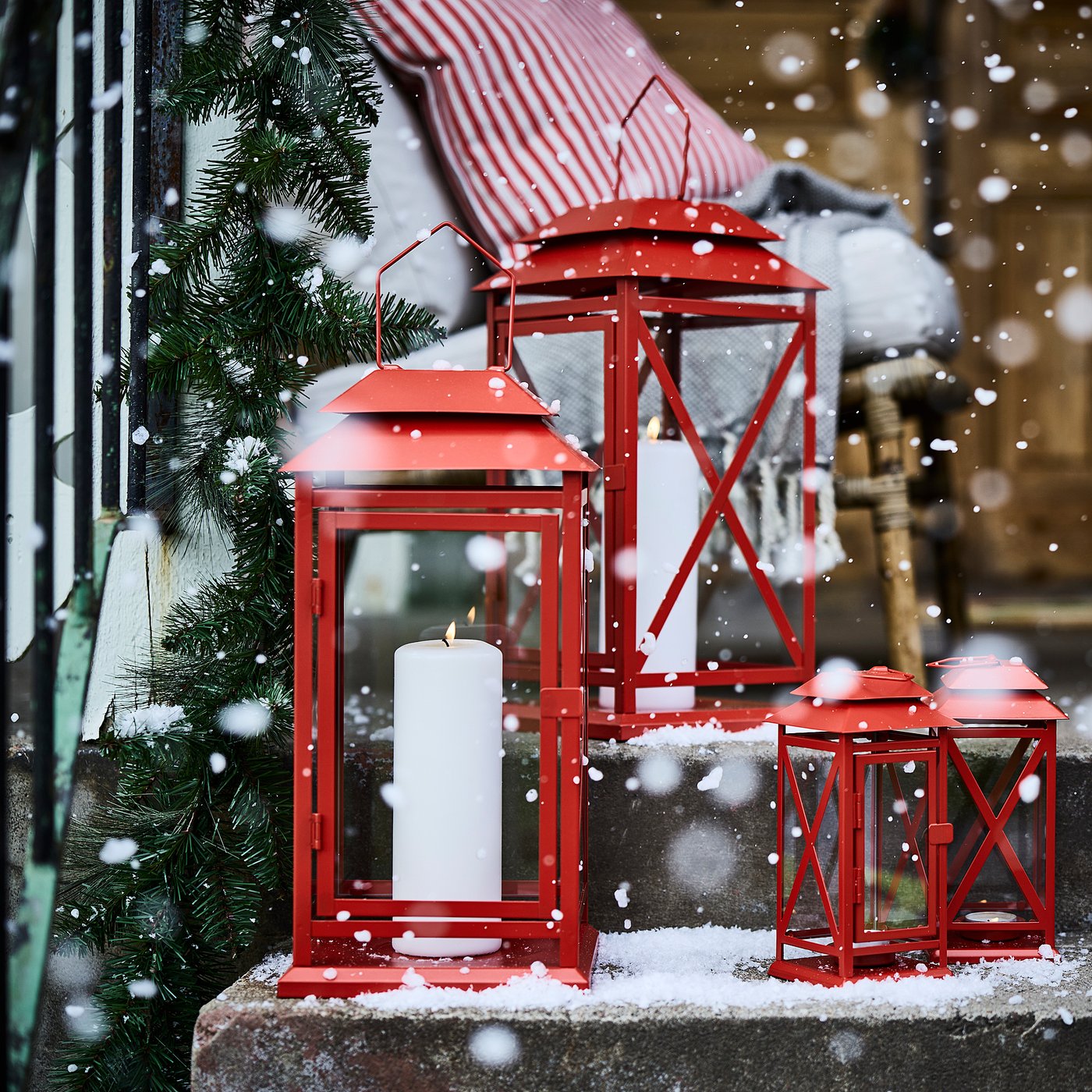 VINTERFINT lantern for pillar candle, in/out, bright red, 21x21 cm